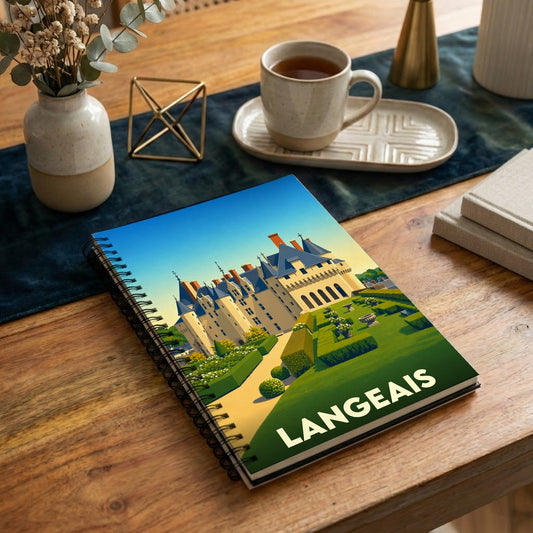 Carnet souvenir de la ville de Langeais avec une illustration stylisée de son château et de ses jardins.