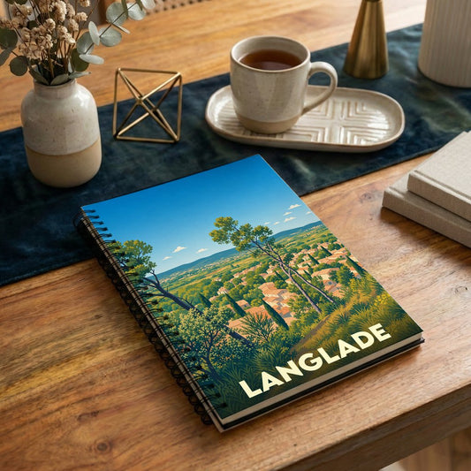 Carnet à spirales souvenir de la ville de Langlade avec une illustration de paysage stylisée.