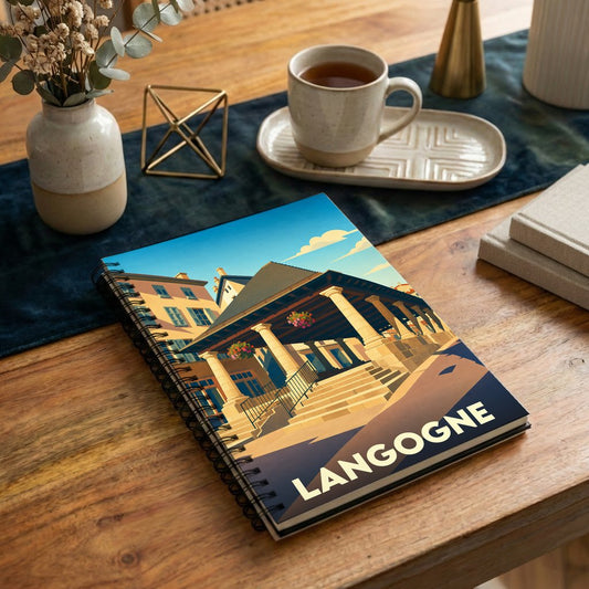 Carnet souvenir de la ville de Langogne avec une illustration stylisée de ses halles historiques.
