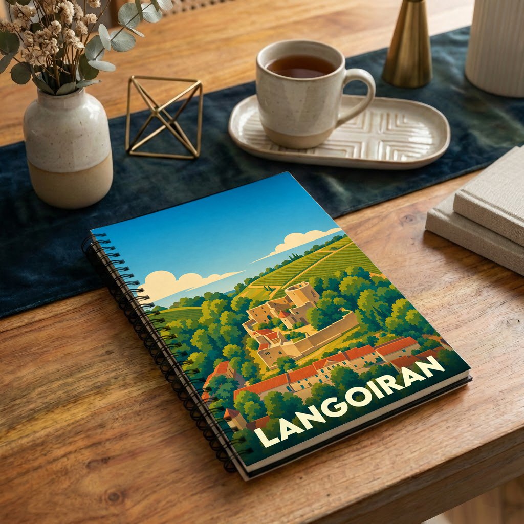 Carnet souvenir de la ville de Langoiran illustré par une vue stylisée de son château et de ses vignobles.