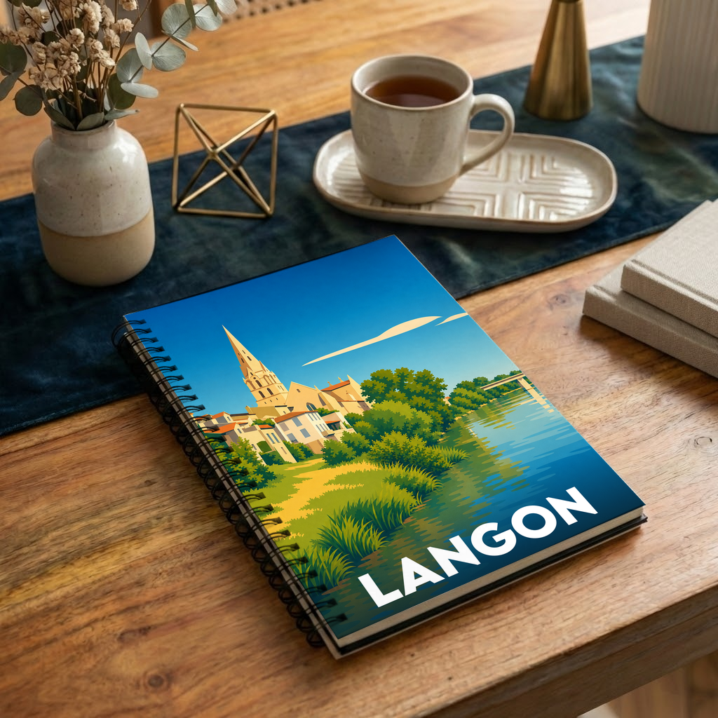Carnet à spirales souvenir de la ville de Langon avec une illustration colorée et stylisée de son paysage urbain au bord de l'eau.