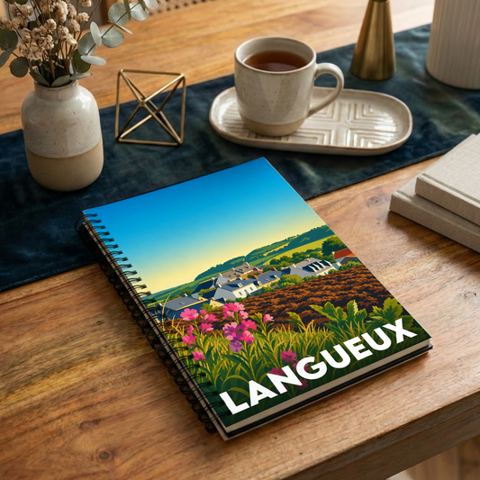 Carnet souvenir de la ville de Langueux avec une illustration stylisée de son paysage.