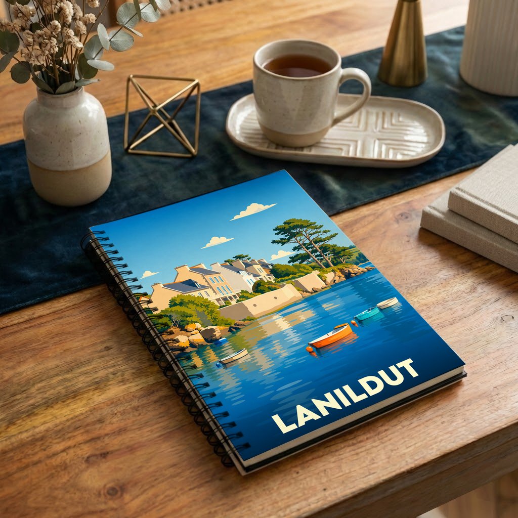 Carnet souvenir de la ville de Lanildut avec une illustration stylisée de son port.