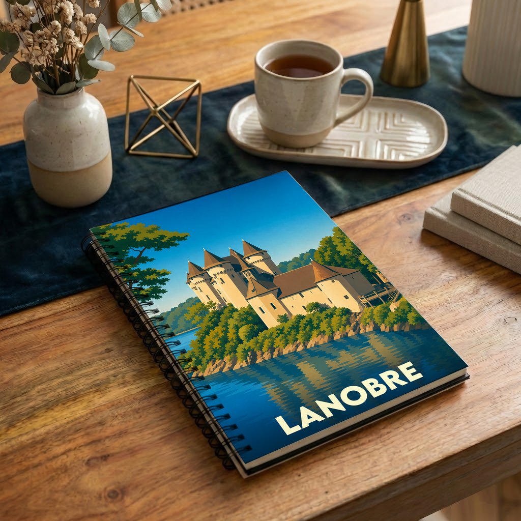 Carnet de notes souvenir de la ville de Lanobre avec une illustration stylisée de son château au bord de l'eau.