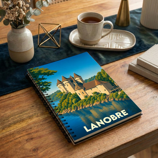 Carnet de notes souvenir de la ville de Lanobre avec une illustration stylisée de son château au bord de l'eau.
