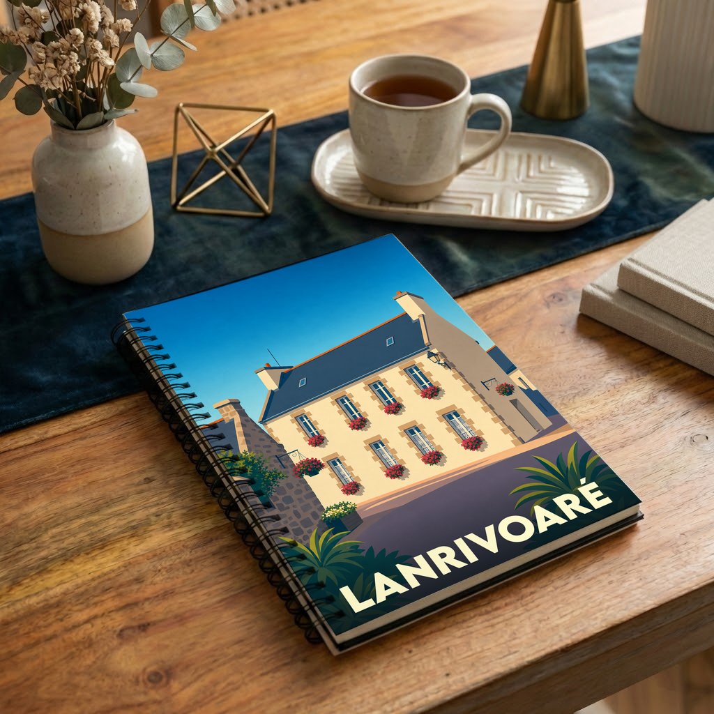 Carnet à spirales souvenir de la ville de Lanrivoaré avec une illustration stylisée d'une maison traditionnelle fleurie.