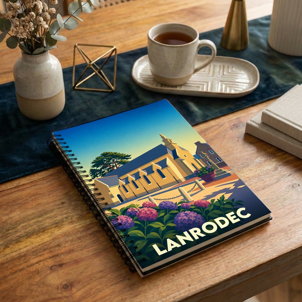 Carnet de notes souvenir de la ville de Lanrodec avec une illustration stylisée et colorée.