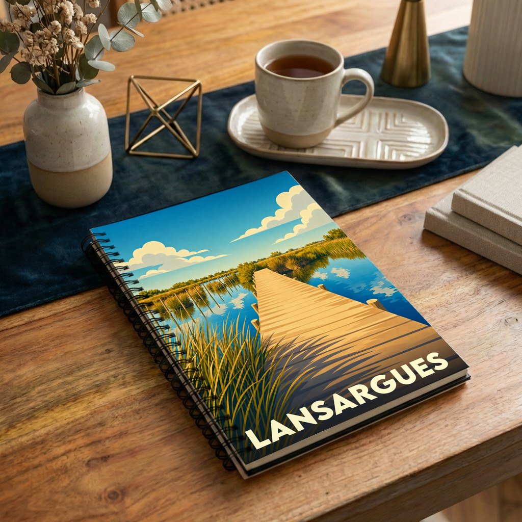 Carnet à spirales souvenir de la ville de Lansargues avec une illustration stylisée d'un ponton sur un étang.