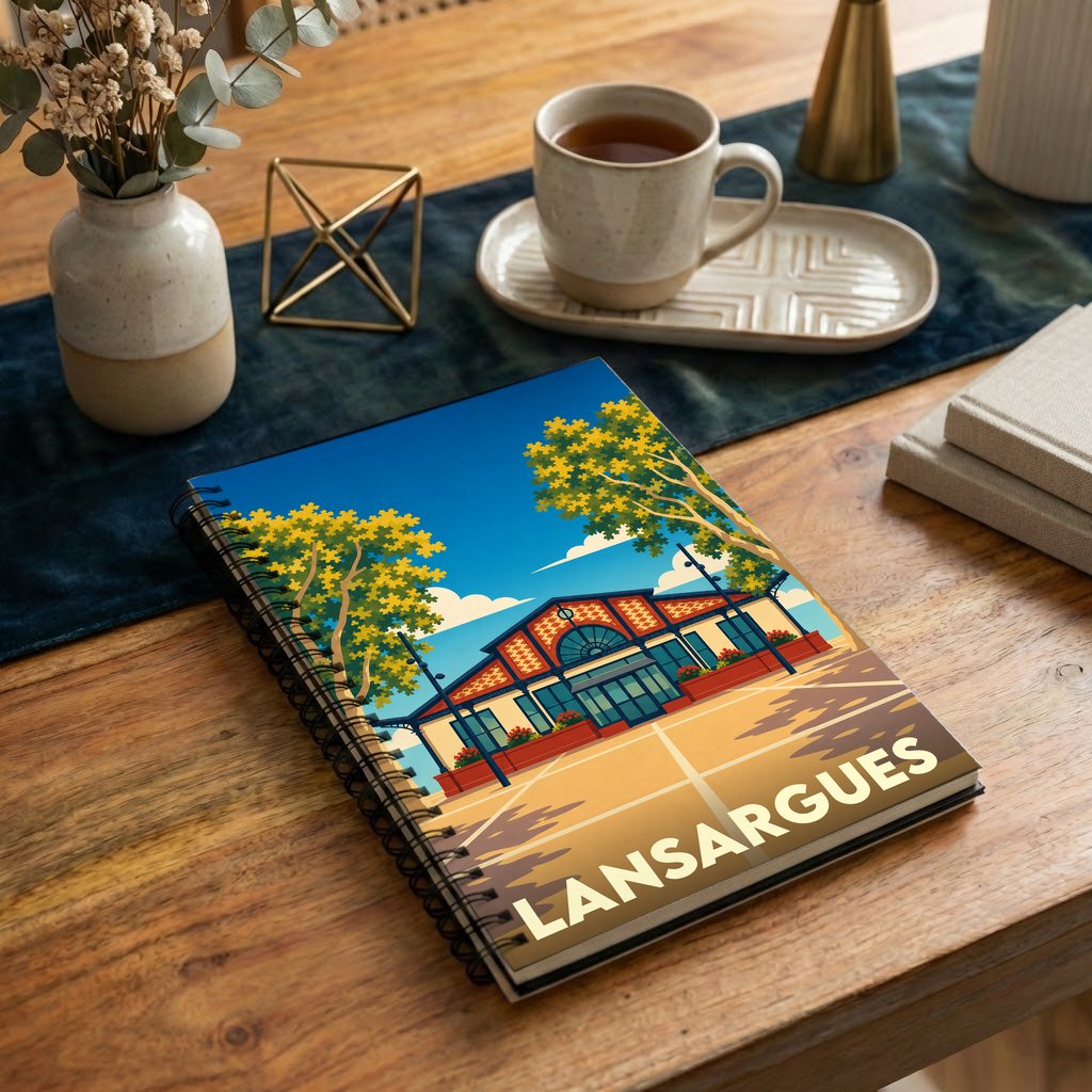 Carnet souvenir de la ville de Lansargues orné d'une illustration stylisée de ses arènes.