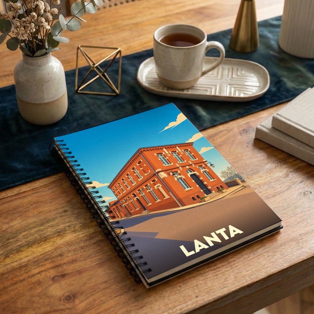 Carnet à spirales souvenir de la ville de Lanta avec une illustration stylisée d'un bâtiment historique.