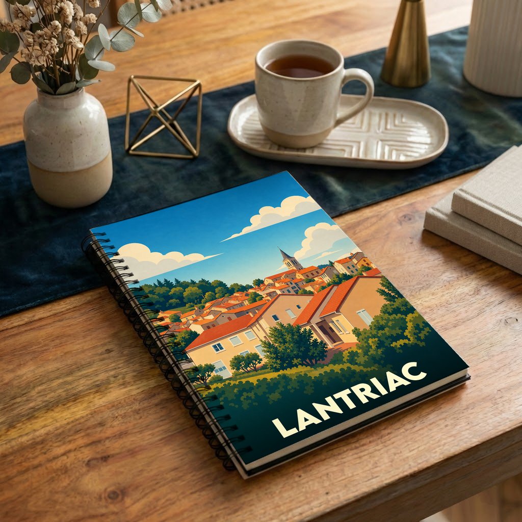Carnet souvenir de la ville de Lantriac avec une illustration stylisée.