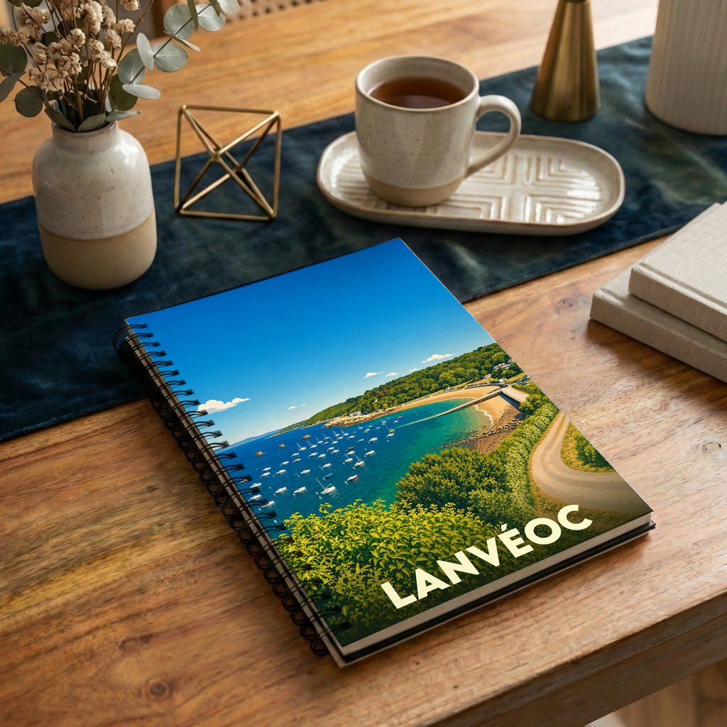 Carnet souvenir de la ville de Lanvéoc avec une illustration stylisée de son littoral.