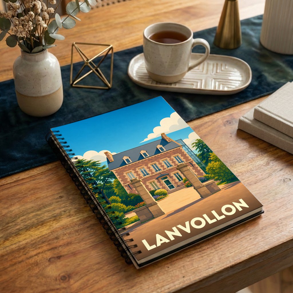 Carnet à spirale souvenir de la ville de Lanvollon avec une illustration stylisée d'un manoir breton.