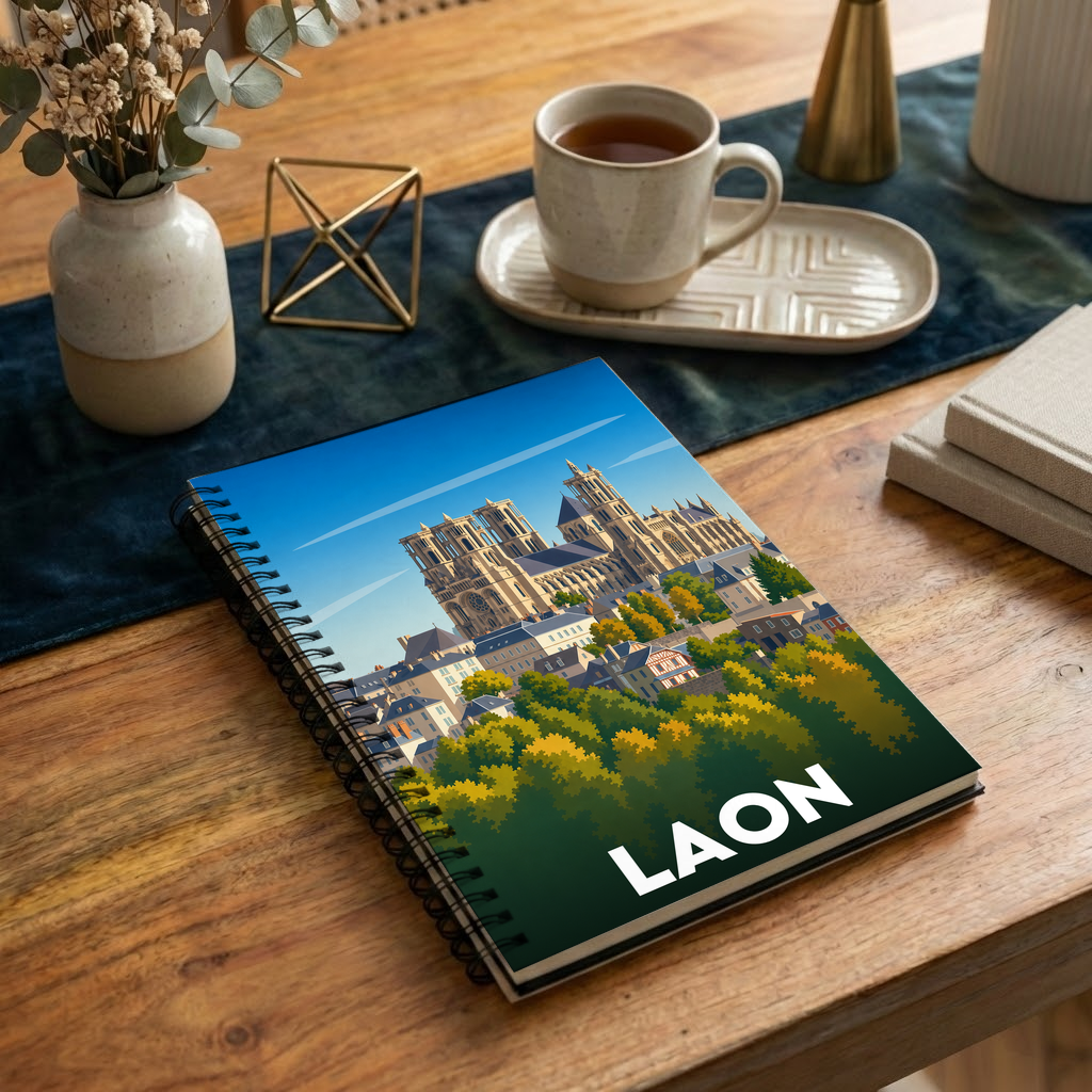 Carnet souvenir de la ville de Laon avec une illustration stylisée de sa cathédrale.