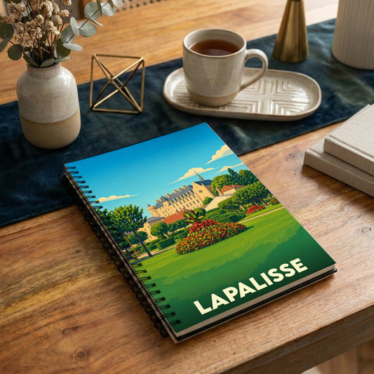 Carnet à spirale souvenir de la ville de Lapalisse avec une illustration stylisée de son château et ses jardins.