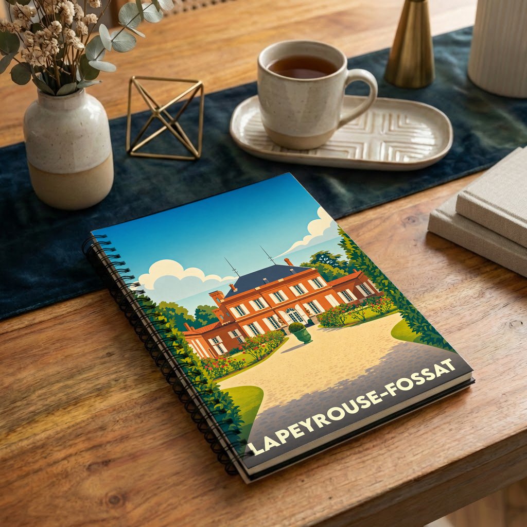 Carnet de notes à spirales souvenir de la ville de Lapeyrouse-Fossat avec une illustration stylisée de son château.