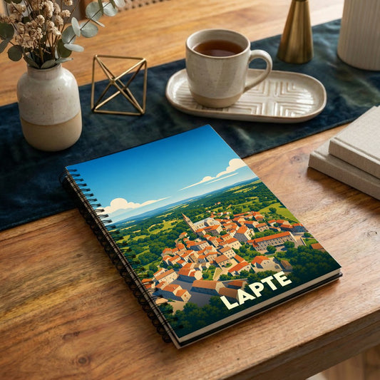 Carnet à spirale souvenir de la ville de Lapte avec une illustration stylisée de ses paysages et habitations.