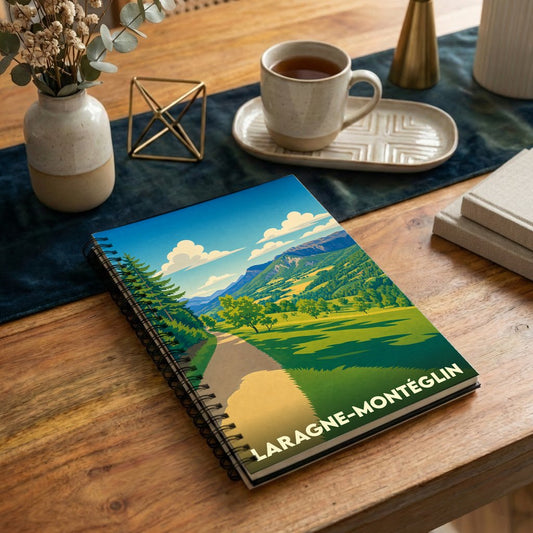 Carnet souvenir de la ville de Laragne-Montéglin avec une illustration stylisée de paysages montagneux.