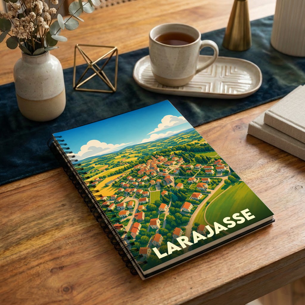 Carnet à spirales souvenir de la ville de Larajasse avec une illustration stylisée d'un paysage de campagne.
