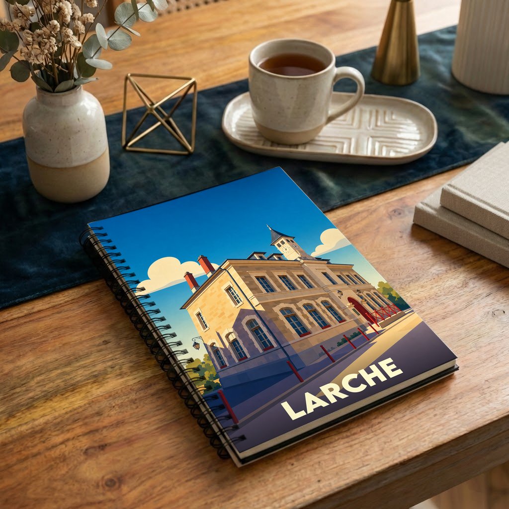 Carnet souvenir de la ville de Larche avec une illustration stylisée de son architecture.