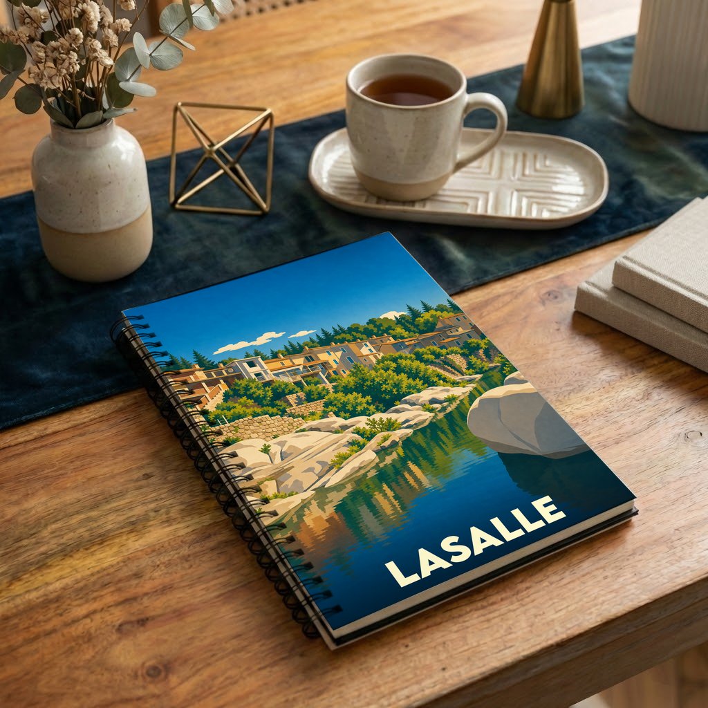 Carnet à spirales souvenir de la ville de Lasalle avec une illustration stylisée de ses paysages au bord de l'eau.