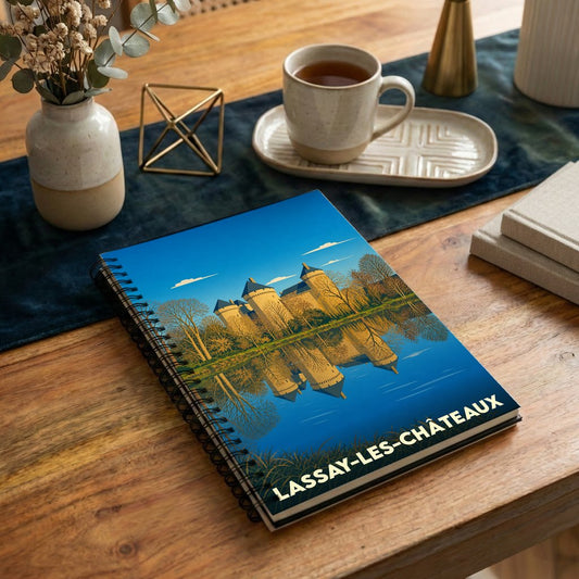 Carnet souvenir de la ville de Lassay-les-Châteaux avec une illustration stylisée de son château se reflétant dans l'eau.