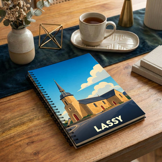 Carnet souvenir de la ville de Lassy avec une illustration stylisée de son église.