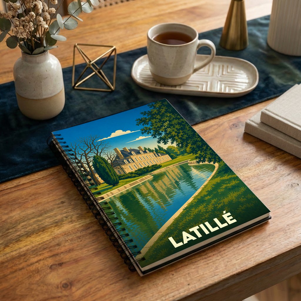 Carnet à spirales souvenir de la ville de Latillé avec une illustration stylisée de son château et de son étang.