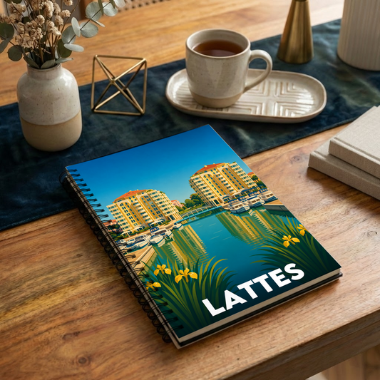 Carnet souvenir de la ville de Lattes avec une illustration stylisée de ses bâtiments au bord de l'eau.