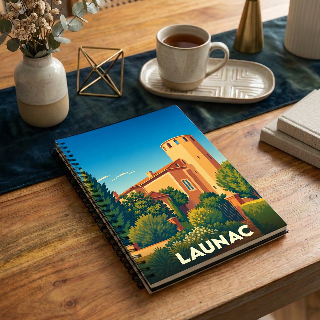Carnet souvenir de la ville de Launac avec une illustration stylisée d'un château.
