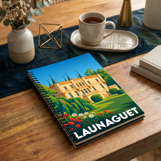 Carnet à spirales souvenir de la ville de Launaguet avec une illustration stylisée de son château.