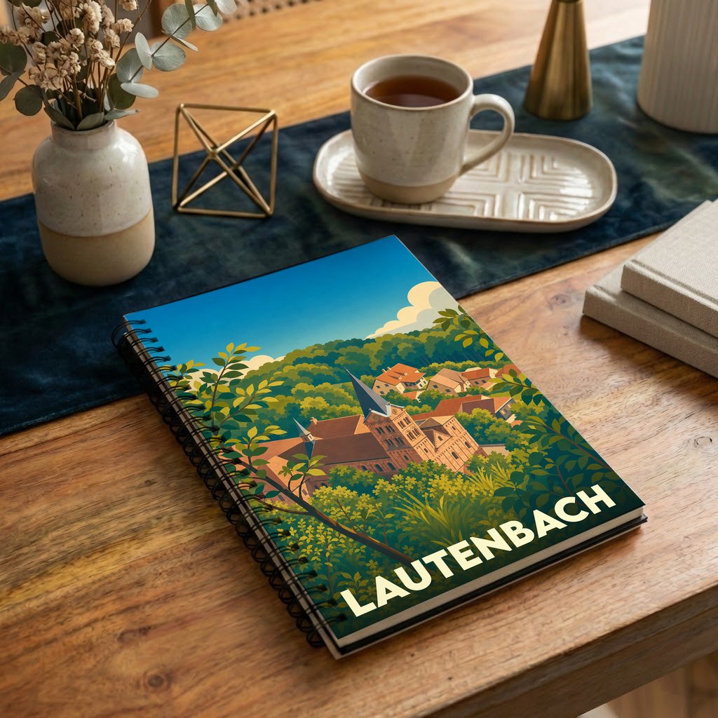 Carnet à spirales souvenir de la ville de Lautenbach avec une illustration stylisée de son église et de ses paysages verdoyants.
