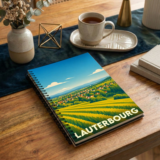 Carnet à spirale souvenir de la ville de Lauterbourg avec une illustration stylisée de paysages alsaciens.