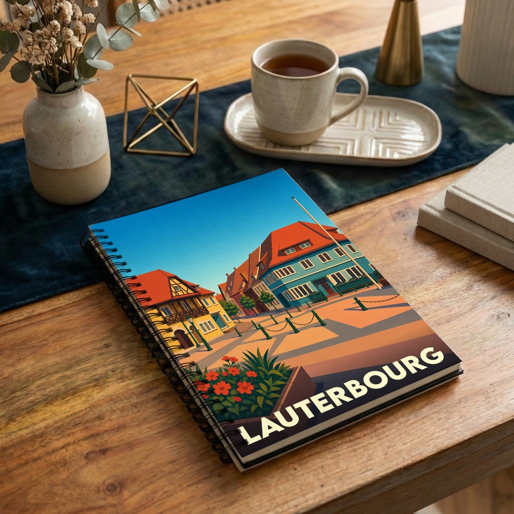 Carnet à spirales souvenir de la ville de Lauterbourg avec une illustration stylisée de son architecture colorée.