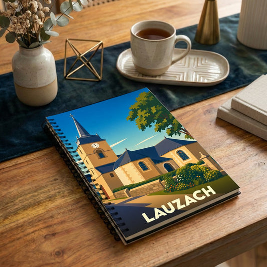 Carnet souvenir de la ville de Lauzach avec une illustration stylisée de son église.