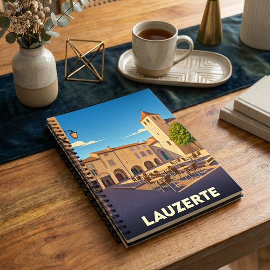Carnet à spirales souvenir de la ville de Lauzerte avec une illustration stylisée de sa place centrale.