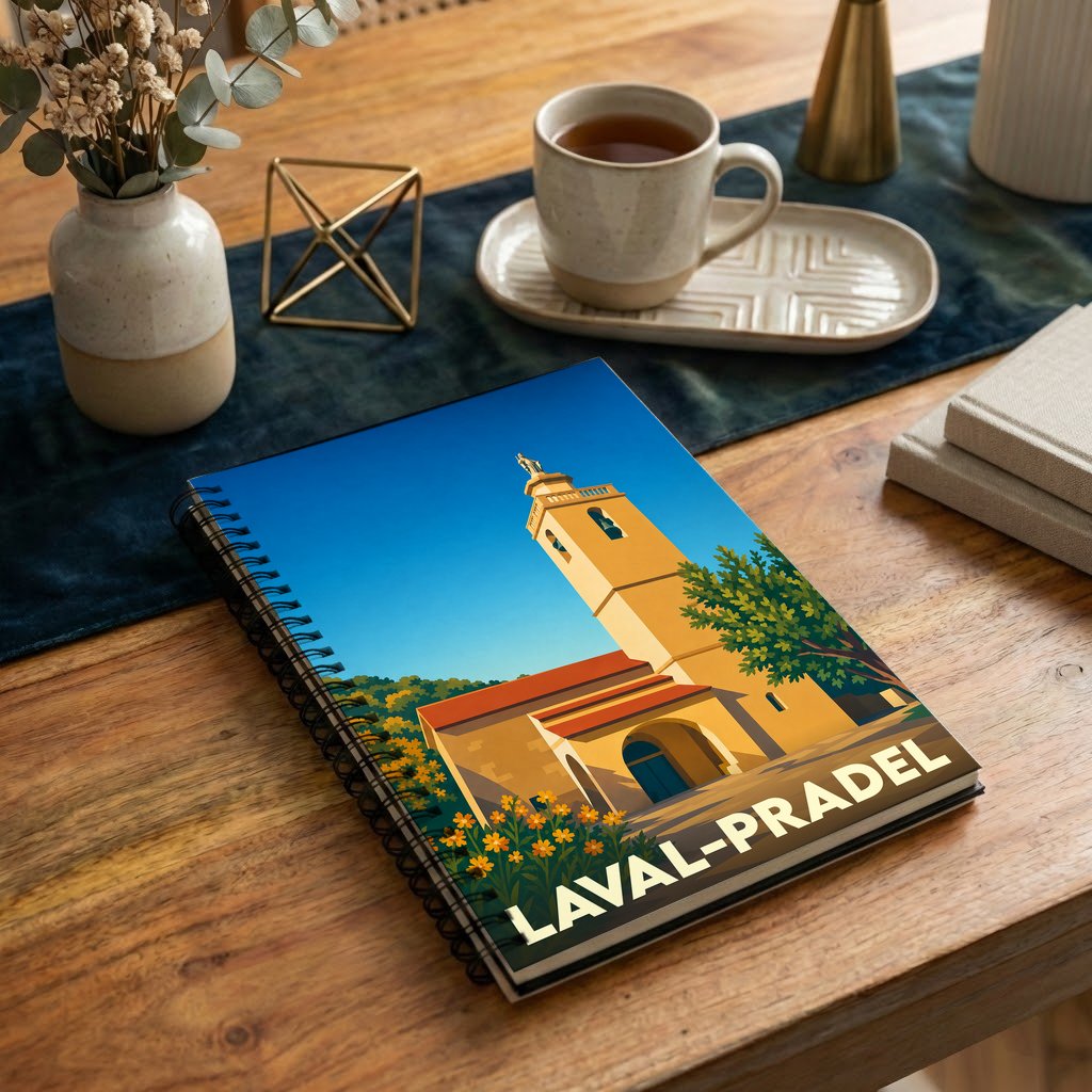 Carnet souvenir de la ville de Laval-Pradel avec une illustration stylisée de son église sous un ciel bleu.