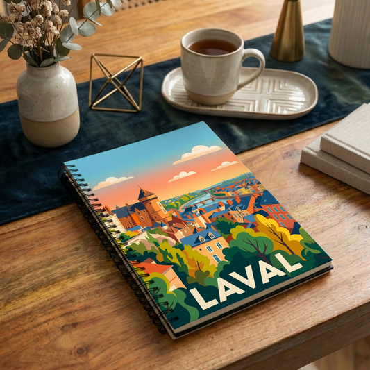 Carnet souvenir de la ville de Laval avec une illustration stylisée et colorée.