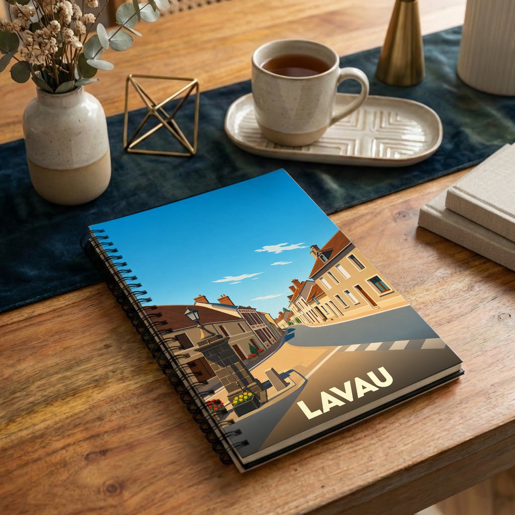 Carnet souvenir de la ville de Lavau avec une illustration stylisée d'une rue ensoleillée.