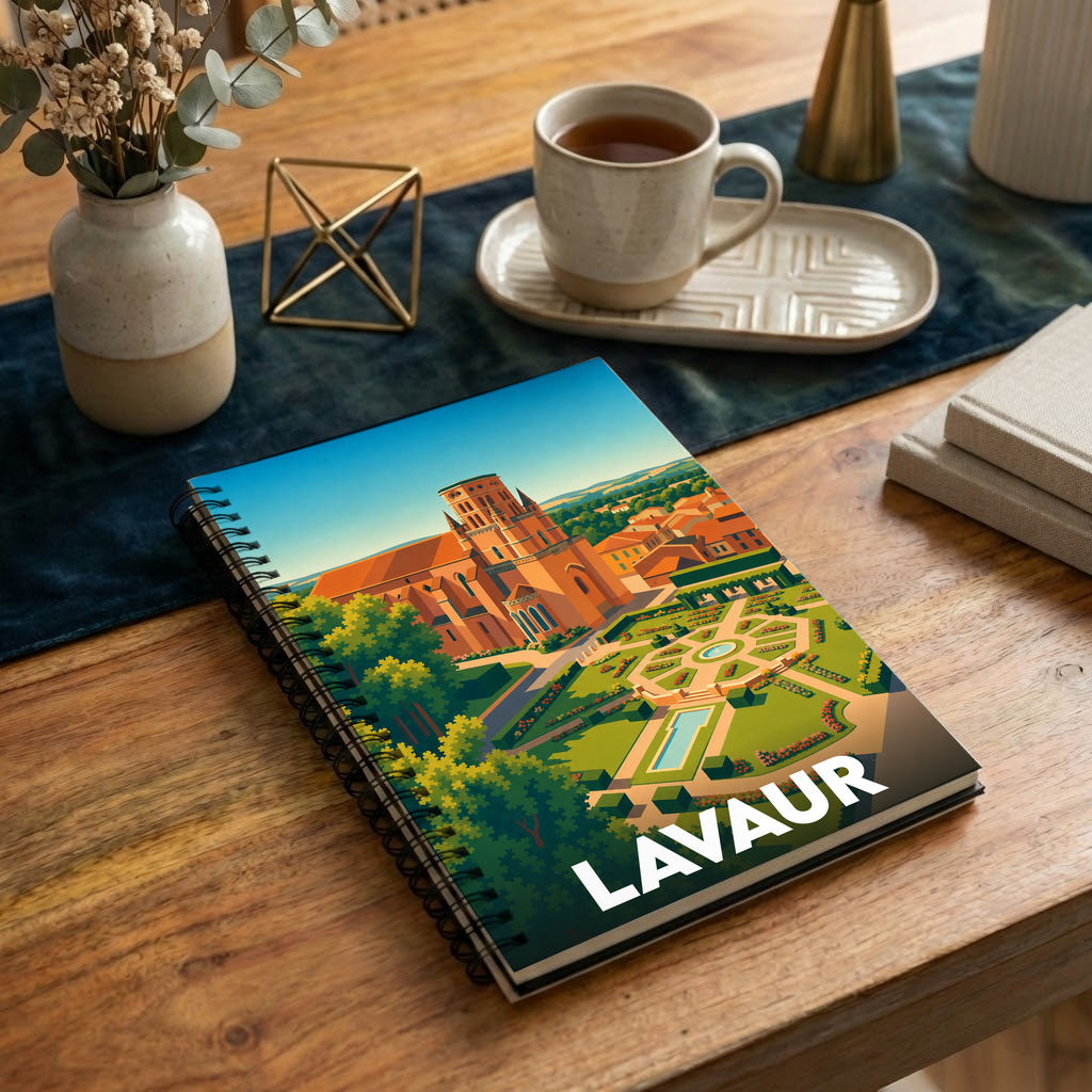 Carnet de notes à spirales souvenir de la ville de Lavaur avec une illustration stylisée de sa cathédrale et de ses jardins.