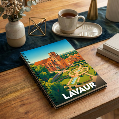 Carnet de notes à spirales souvenir de la ville de Lavaur avec une illustration stylisée de sa cathédrale et de ses jardins.