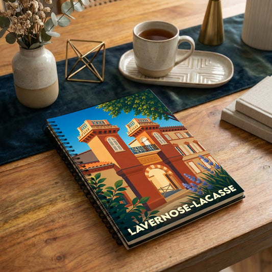 Carnet souvenir de la ville de Lavernose-Lacasse avec une illustration stylisée de son patrimoine architectural.