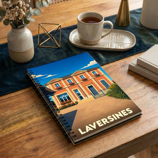 Carnet à spirales souvenir de la ville de Laversines avec une illustration stylisée d'une bâtisse colorée.