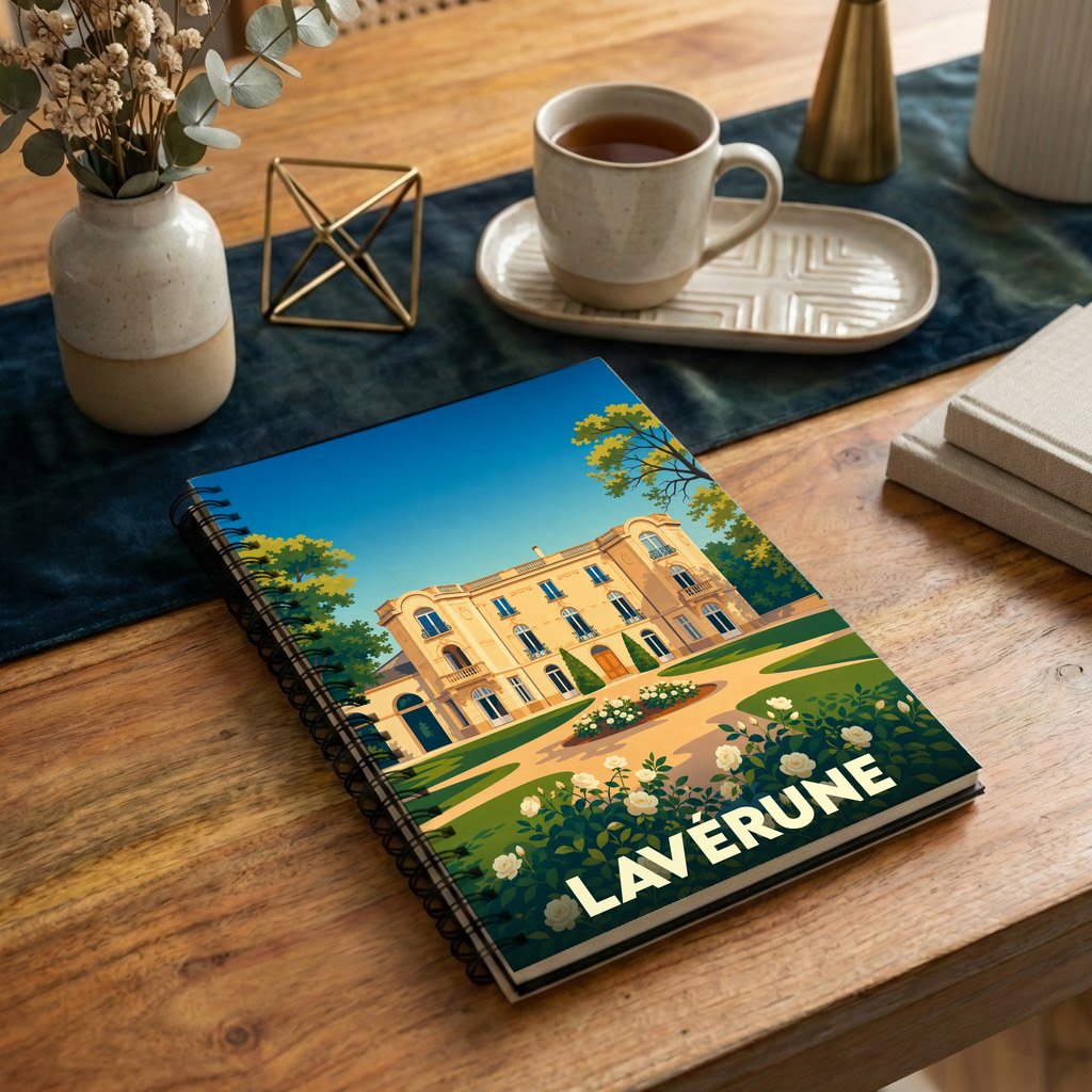 Carnet à spirales souvenir de la ville de Lavérune orné d'une illustration stylisée de son château.