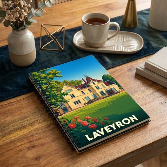 Carnet souvenir de la ville de Laveyron avec une illustration stylisée d'un manoir et de son jardin.