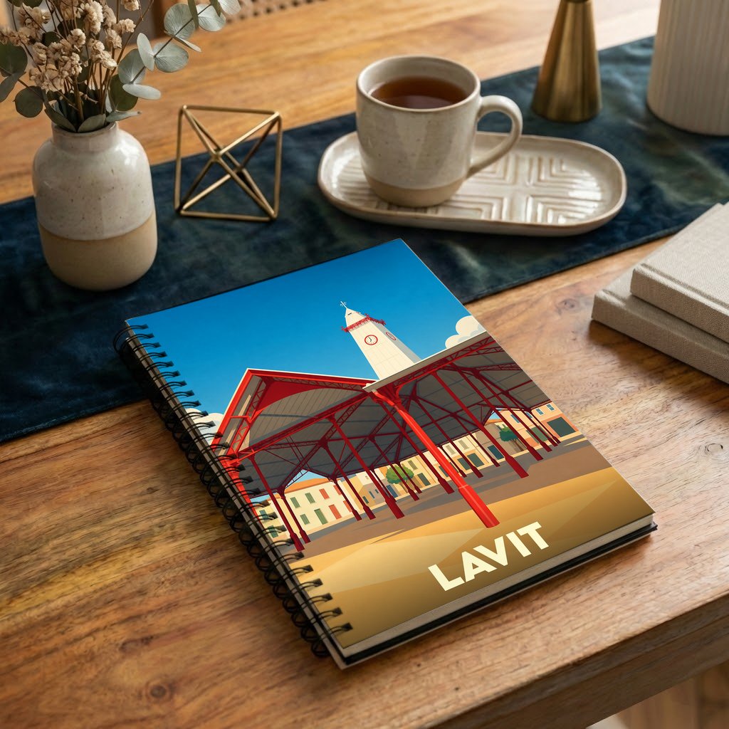 Carnet à spirales souvenir de la ville de Lavit orné d'une illustration stylisée de sa halle et de son clocher.