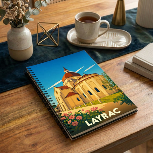 Carnet à spirales souvenir de la ville de Layrac avec une illustration stylisée de son église.