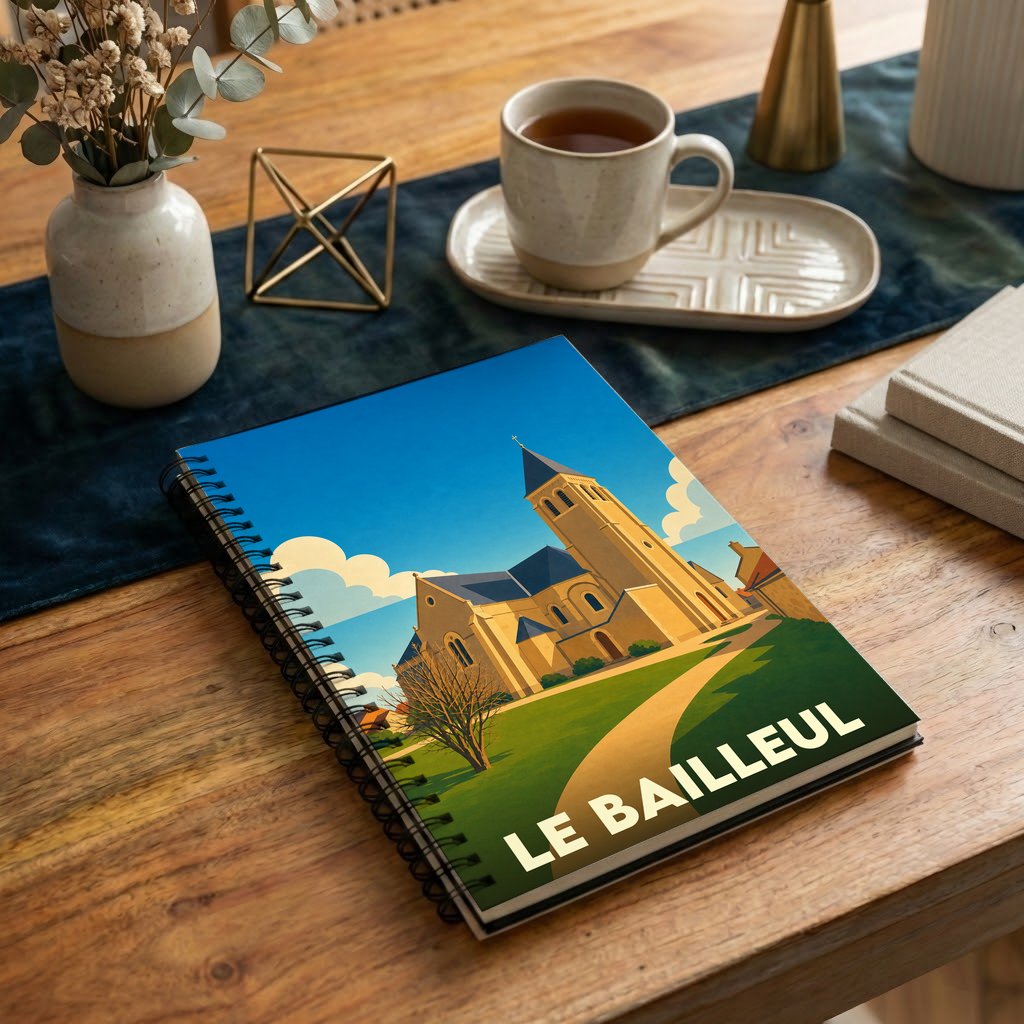 Carnet de notes à spirales avec une illustration stylisée de l'église de la ville du Bailleul.