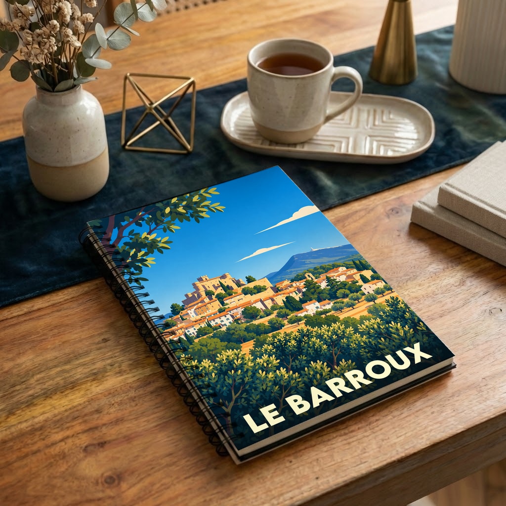 Carnet souvenir de la ville du Barroux avec une illustration stylisée d'un village perché.