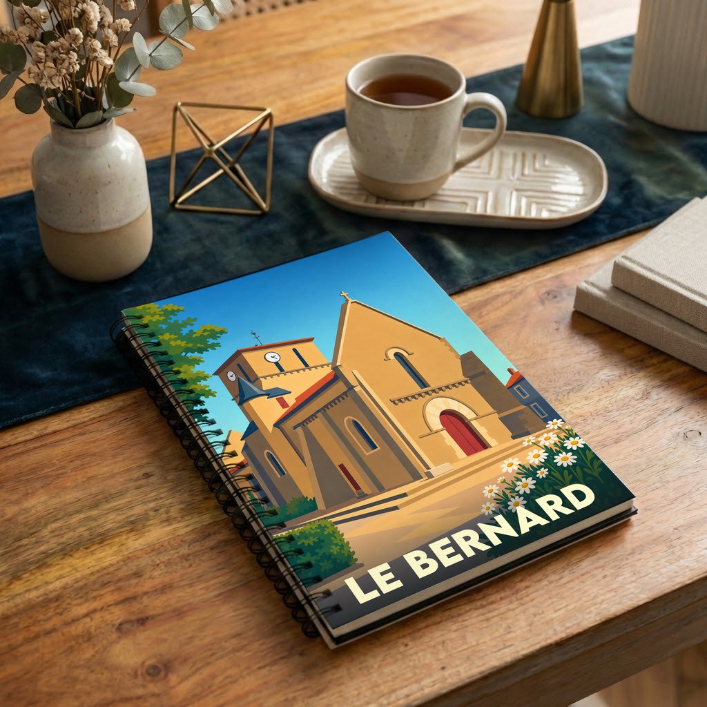 Carnet à spirales souvenir de la ville de Le Bernard avec une illustration stylisée de son église.